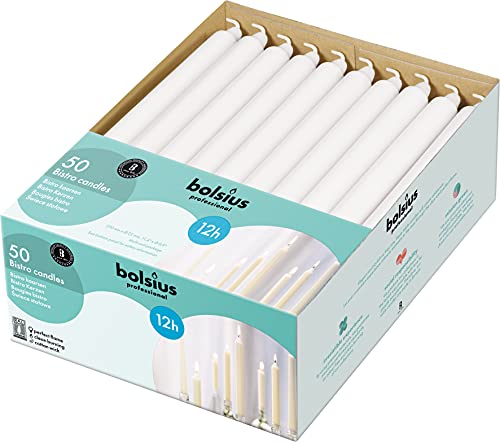 BOLSIUS White Candlesticks Bulk Pack 50 Count - Unscented Dripless 11.5 Inch Household & Dinner Candle Set - 12+ Burn Hours - Premium European Quality - Consistent Smokeless Flame - 100% Cotton Wick