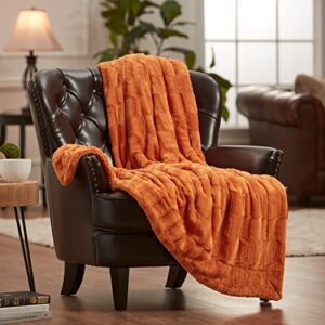 chanasya fuzzy faux fur rectangular embossed throw blanket – super soft and warm lightweight reversible sherpa for couch, home, living room, and bedroom décor (50×65 inches) orange