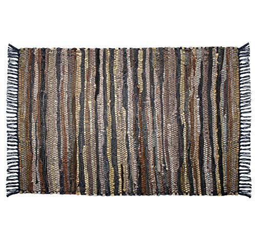 COTTON CRAFT Leather Chindi Area Rug - Boho Farmhouse Rustic Accent Rug - Handwoven Reversible Natural Recycled Leather Throw Rug - Entryway Living Room Dorm Study Gift - 24 x 36 Inch - Tan Multicolor