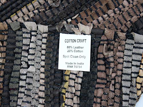 COTTON CRAFT Leather Chindi Area Rug - Boho Farmhouse Rustic Accent Rug - Handwoven Reversible Natural Recycled Leather Throw Rug - Entryway Living Room Dorm Study Gift - 24 x 36 Inch - Tan Multicolor