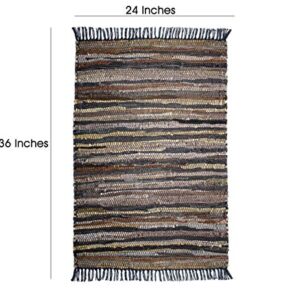 COTTON CRAFT Leather Chindi Area Rug - Boho Farmhouse Rustic Accent Rug - Handwoven Reversible Natural Recycled Leather Throw Rug - Entryway Living Room Dorm Study Gift - 24 x 36 Inch - Tan Multicolor