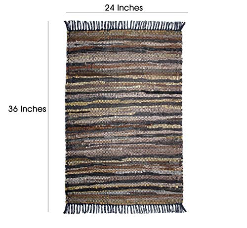 COTTON CRAFT Leather Chindi Area Rug - Boho Farmhouse Rustic Accent Rug - Handwoven Reversible Natural Recycled Leather Throw Rug - Entryway Living Room Dorm Study Gift - 24 x 36 Inch - Tan Multicolor