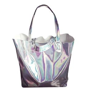 van caro womens open top holographic tote shoulder bag laser shopper bag silver