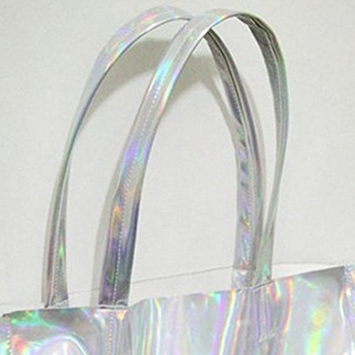 Van Caro Womens Open Top Holographic Tote Shoulder Bag Laser Shopper Bag Silver