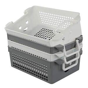 Doryh Stackable Plastic Storage Baskets/Bins Organizer with Handles, Set of 4 (White, Grey)