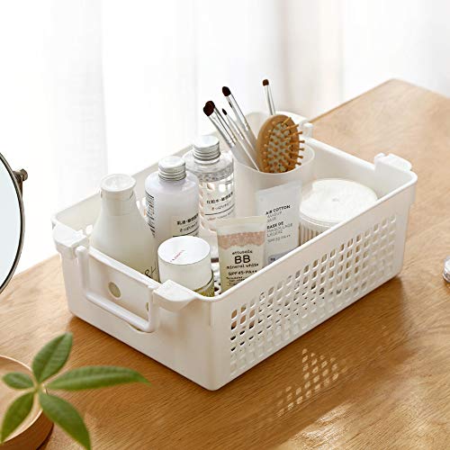 Doryh Stackable Plastic Storage Baskets/Bins Organizer with Handles, Set of 4 (White, Grey)