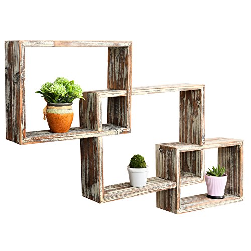 MyGift Wall Mounted Torched Wood Interlocking Floating Shelves, Shadow Box Display Wall Shelf, Set of 3