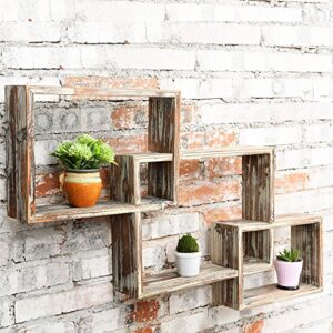 MyGift Wall Mounted Torched Wood Interlocking Floating Shelves, Shadow Box Display Wall Shelf, Set of 3