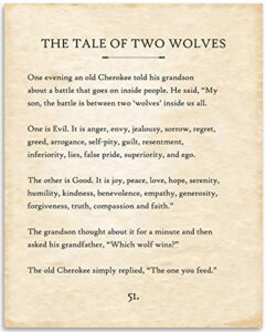 the tale of two wolves cherokee poster – 11×14 unframed native american book page print – great motivational and inspirational gift for home and office native american decor under $15