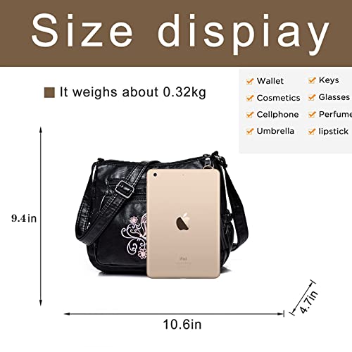 ELDA Embroidered Crossbody Bags For Women Print Pocketbooks Soft PU Leather Purses and Handbags Multi Pocket Shoulder Bag