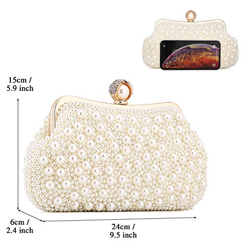 UBORSE Women Pearl Clutch Bead Rhinestone Evening Clutch Bag with removable Pearl Chain Ivory White