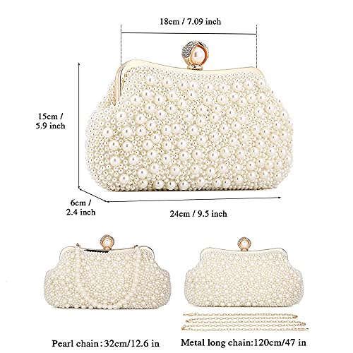 UBORSE Women Pearl Clutch Bead Rhinestone Evening Clutch Bag with removable Pearl Chain Ivory White