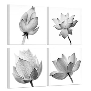 vvovv wall decor – 4 panels flowers artwork black and white elegant floral canvas art print blooming lotus picture framed water lily wall art painting home decor for bedroom