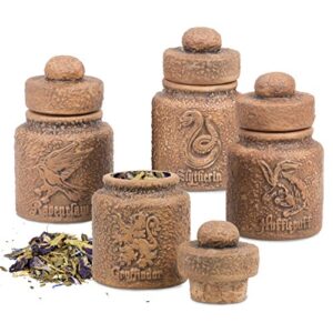 seven20 harry potter ceramic spice jars with hogwarts houses, set of 4 – store potion ingredients, herbs, spices and more – with gryffindor, hufflepuff, slytherin and ravenclaw symbols – 1.45 oz each