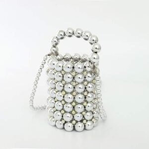 YIFEI Women Metaillic Colored Beaded Acrylic Handmade Bucket Bag with Detachable Chain (Sliver)