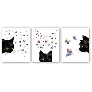 kairne black cat with colorful butterfly art print,set of 3(8”x10”) watercolor animals canvas kitten poster rainbow cat painting,modern wall art,cat gifts for women,girls bedroom,house decor.