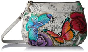 anna by anuschka women’s genuine leather small multi-compartment cross body | zip-top organizer with outside pockets | floral paradise