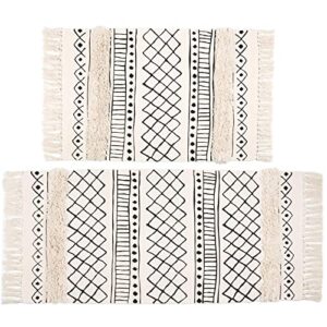 shacos tufted cotton area rugs set of 2 woven cotton rug runner set with tassels washable boho farmhouse throw rug for kitchen bathroom bedroom laundry room (2×3’+2×4’4″, tufted geometric)