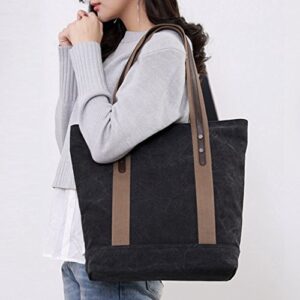 Canvas Tote Bag for Women Casual Top Handle Work Totes Purse Shopping Handbags Shoulder Bag (Black)