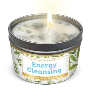 manifestation candle energy cleansing with pure sage leaves aromatherapy candle for house energy cleansing & positivity vibes – 5.5oz natural soy wax tin – 24 hour burn time – banishes negative energy