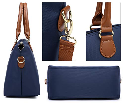 NNEE Water Resistance Nylon Top Handle Satchel Handbag with Multiple Pocket Design - Navy