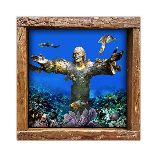 Christ of The Abyss | in Key Largo Florida Underwater Photo Print on a 4.25 x 4.25 Glossy Ceramic Tile Framed in Lobster Trap Frame