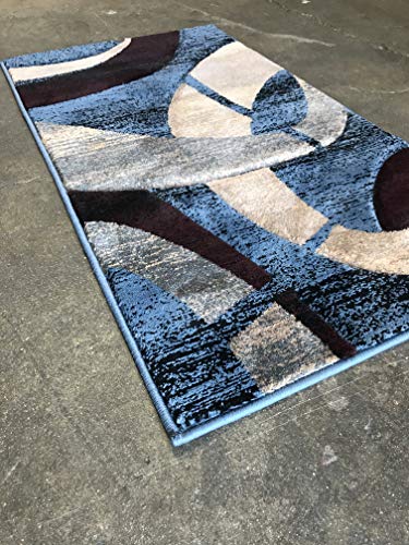 Modern Door Mat Area Rug Contemporary Geometric Blue Burgundy Black & Beige Sculpture Design 248 (2 Feet X 3 Feet 4 Inch)