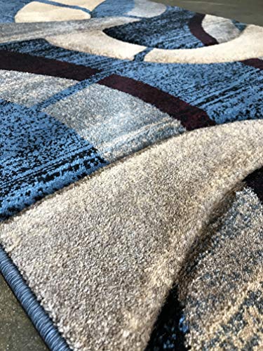 Modern Door Mat Area Rug Contemporary Geometric Blue Burgundy Black & Beige Sculpture Design 248 (2 Feet X 3 Feet 4 Inch)