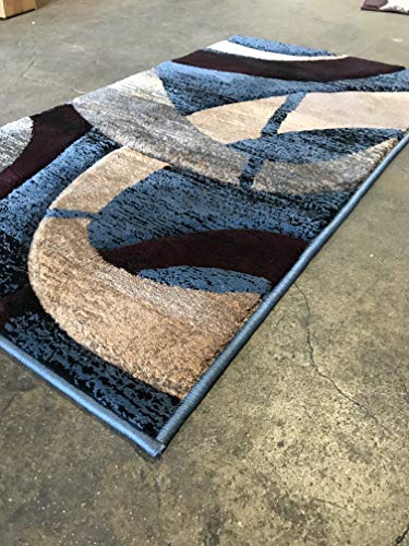 Modern Door Mat Area Rug Contemporary Geometric Blue Burgundy Black & Beige Sculpture Design 248 (2 Feet X 3 Feet 4 Inch)