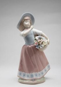 cosmos 10390 girl with flower basket and cat ceramic figurine, 8-1/8-inch