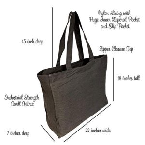 Extra Large Travel Day Tote Bag Heavy Duty Cotton Twill Zip Top (Charcoal Gray)