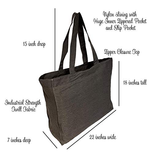 Extra Large Travel Day Tote Bag Heavy Duty Cotton Twill Zip Top (Charcoal Gray)