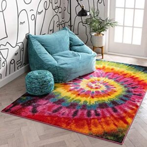 tie dye retro rainbow trippy multi hippie red orange yellow green modern painting 3x5 (3’3″ x 5′) area rug easy clean stain fade resistant shed contemporary geometric art thick soft plush