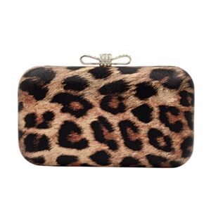 elegant leopard pu leather crystal bow top hard clutch, brown