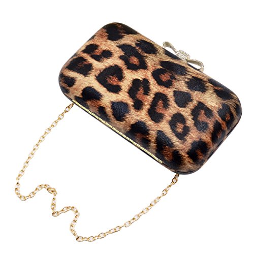 Elegant Leopard PU Leather Crystal Bow Top Hard Clutch, Brown