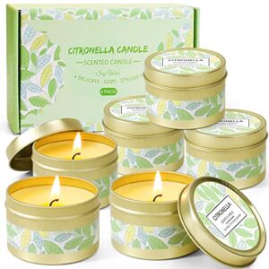 citronella candles outdoor, scented candles natural citronella soy wax candles, travel tin candle set, lemongrass candles for camping, backyards, indoor (6×2.5oz)