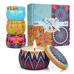 4 pack scented candles gifts set for women, 4.4 oz soy wax portable travel & home tin jar candles with essential oils for bath, stress relief, yoga aromatherapy candles with strong fragrance