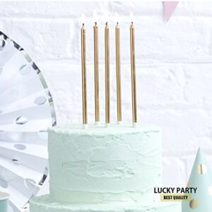 24 Count Birthday Party Long Thin Cake Candles Metallic Birthday Candles in Holders for Birthday Cakes Decorations , Champagne Gold by Lucky Party