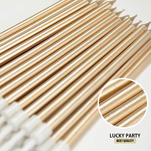 24 Count Birthday Party Long Thin Cake Candles Metallic Birthday Candles in Holders for Birthday Cakes Decorations , Champagne Gold by Lucky Party