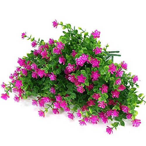 KLEMOO Artificial Flowers Fake Outdoor UV Resistant Boxwood Plants Shrubs 4 Pack, Faux Plastic Greenery for Indoor Outside Hanging Planter Home Office Wedding Farmhouse Decor (Fushia)