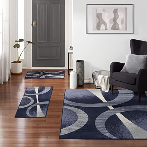 Home Dynamix Area Rug 3 Piece Set (4'11" x6'11,1'8 x4'11,1'8 x2'8), Geometric Navy Blue (Ariana Arcata HD5194-300)