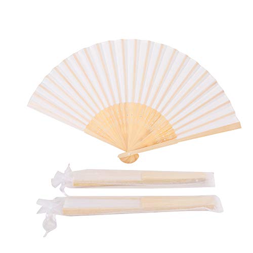 Sepwedd 50pcs White Imitated Silk Fabric Bamboo Folded Hand Fan Bridal Dancing Props Church Wedding Gift Party Favors with Gift Bags