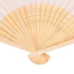 Sepwedd 50pcs White Imitated Silk Fabric Bamboo Folded Hand Fan Bridal Dancing Props Church Wedding Gift Party Favors with Gift Bags