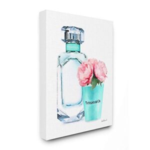 the stupell home décor collection teal blue perfume bottle and pink peonies stretched canvas wall art, multi-color, 24 x 30, gallery wrapped canvas