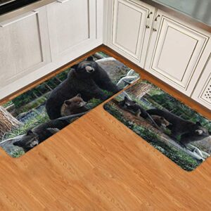 SUN-Shine Funny Rustic Black Bear Kitchen Rugs and Mats 2 Pieces,Cubs Family Theme Decorative Carpet Floor Mat for Home Holiday Runner Bathroom Non Slip Doormat