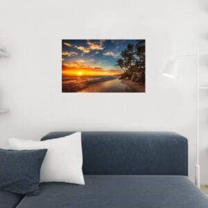 Sunset Over Tropical Beach Palm Tree Ocean Photo Photograph Setting Sun Island Poster Nature Scene Palm Tree Scenic Relaxing Calm Sea Sand Beautiful Cool Wall Decor Art Print Poster 36x24