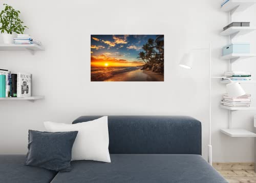 Sunset Over Tropical Beach Palm Tree Ocean Photo Photograph Setting Sun Island Poster Nature Scene Palm Tree Scenic Relaxing Calm Sea Sand Beautiful Cool Wall Decor Art Print Poster 36x24