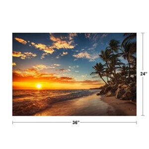 Sunset Over Tropical Beach Palm Tree Ocean Photo Photograph Setting Sun Island Poster Nature Scene Palm Tree Scenic Relaxing Calm Sea Sand Beautiful Cool Wall Decor Art Print Poster 36x24