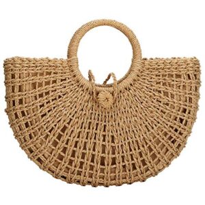 straw bag for women large woven bag round handle ring tote retro purse hobo summer beach bag (khaki)