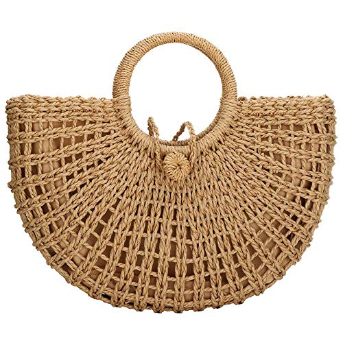 Straw Bag for Women Large Woven Bag Round Handle Ring Tote Retro Purse Hobo Summer Beach Bag (Khaki)